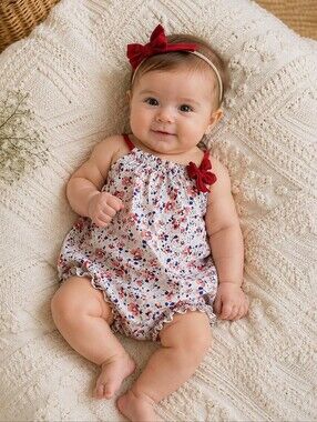 Baby Gap Floral Bubble Romper 3-6M Red Bow Cotton Summer One Piece